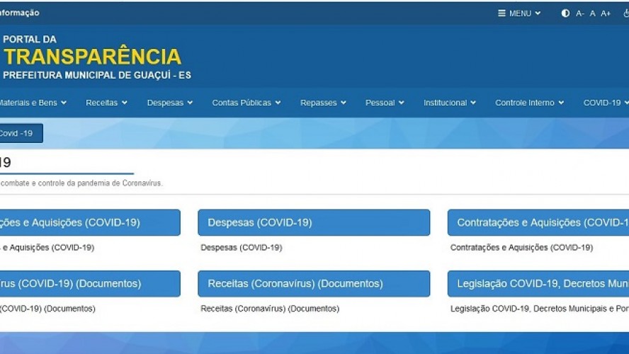 Mais recentemente, foi acrescentado, na tela inicial do site, o botão de link “Portal da Transparência Covid-19” que leva o cidadão direto para a área “Covid-19”. (Comunicação Guaçuí)