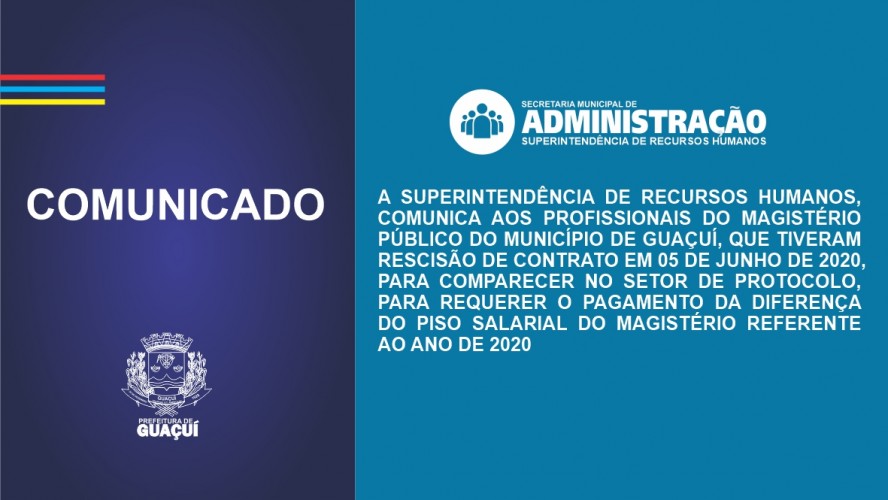 comunicado aos profissionais do magistério público do Município de Guaçuí, que tiveram rescisão de contrato em 05 de junho de 2020