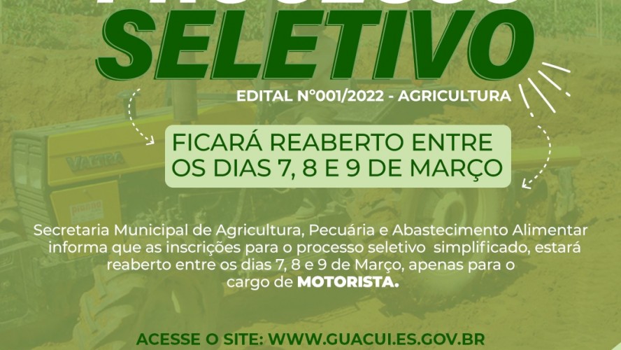 SECRETARIA DE AGRICULTURA VAI REABRIR AS INSCRIÇÕES DE PROCESSO SELETIVO PARA CONTRATAÇÃO DE MOTORISTA