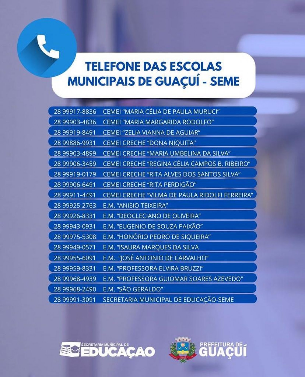 TELEFONES DAS ESCOLAS MUNICIPAIS DE GUAÇUÍ TELEFONES DAS ESCOLAS MUNICIPAIS DE GUAÇUÍ